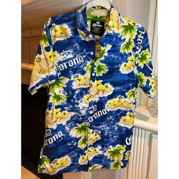 Corona Beer Hawaiian Aloha Short Sleeve Cabana Blue Yellow Shirt Size Large - Picture 2 of 11
